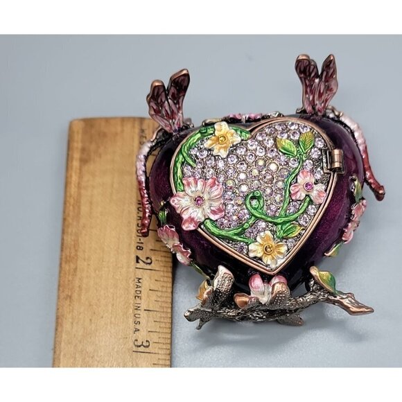 Heart Trinket Box Purple Enamel Pave Rhinestone Acccent Flowers Dragonflies - Picture 9 of 16